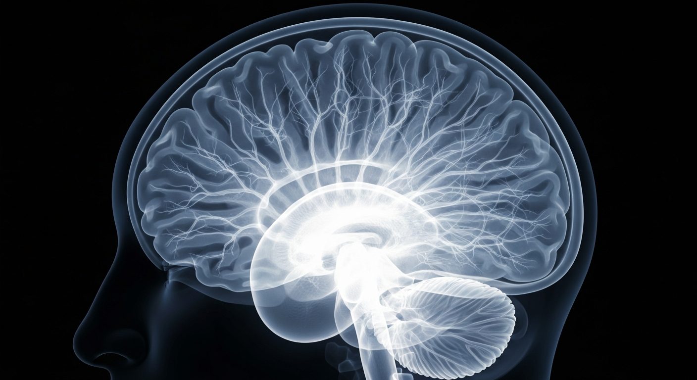 A ghostly, translucent X-ray photograph showing the intricate structures and pathways of the human brain, conveying the complexity of the mind and the potential of specialized treatments to target and reshape these internal processes.