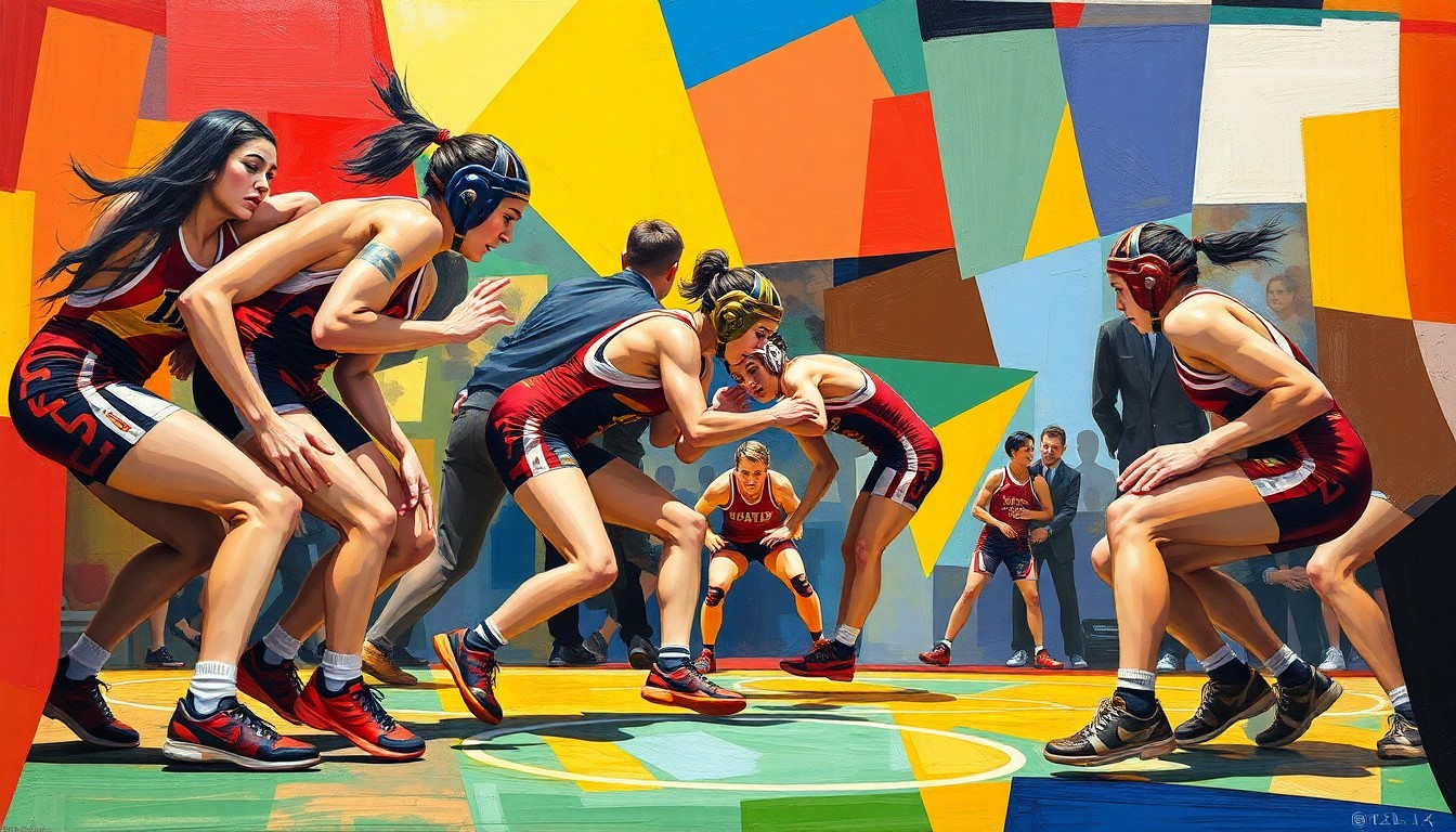 A cubist, geometric painting depicting the dynamic movements and energy of a women's wrestling match, with the vibrant colors of the Iowa State University uniforms breaking down into overlapping planes of color and form.