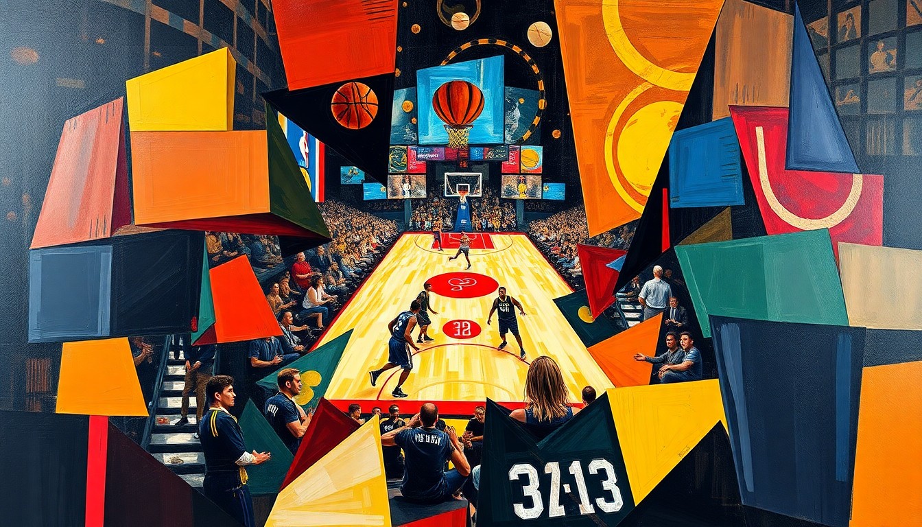 A cubist, geometric painting depicting the chaotic energy of an intense NBA playoff basketball game, with players and the court fragmented into sharp, overlapping shapes and planes of color.