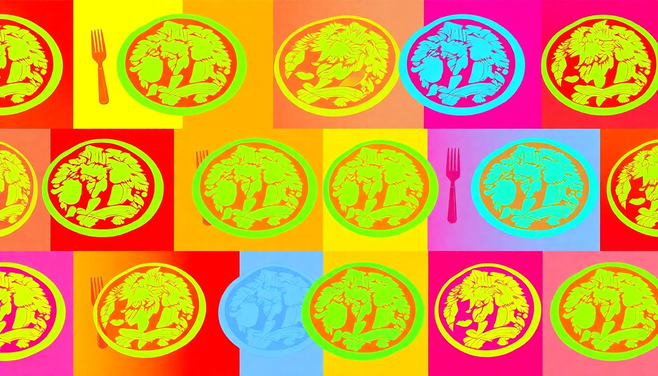 A highly stylized, pop art-inspired grid of a single, iconic dish in bright, neon colors, conceptually representing the multicultural cuisine featured at the refugee chef dinner series.