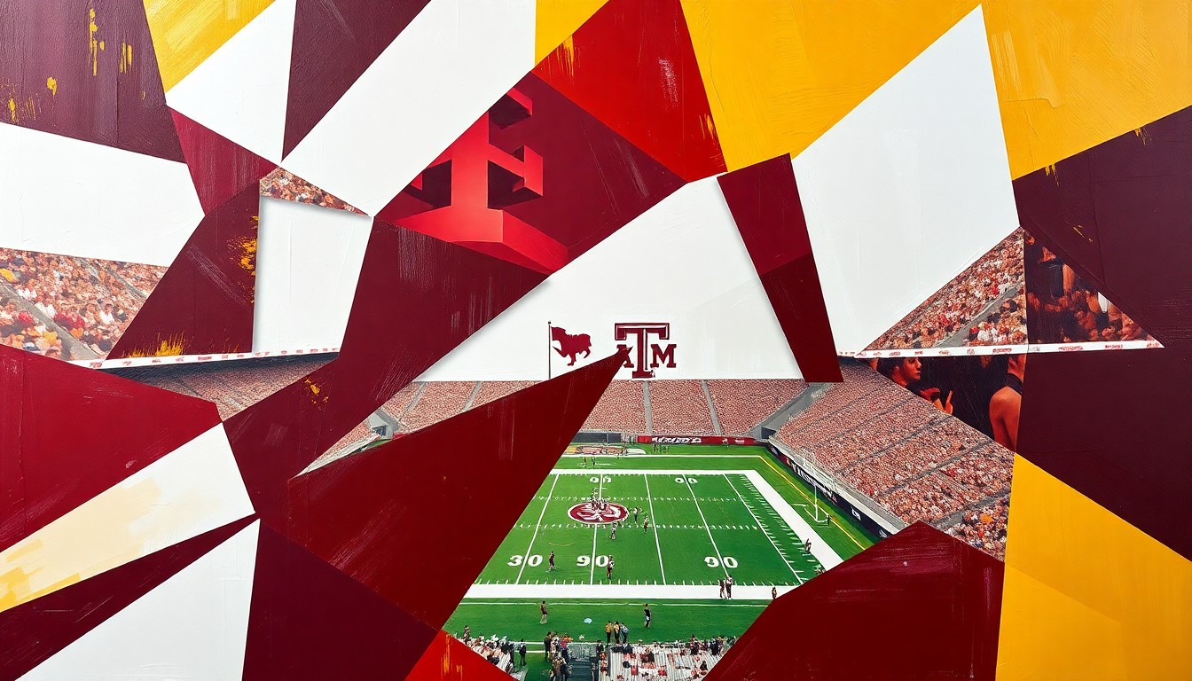 A cubist, fragmented painting depicting a college football game, with the players and field broken down into sharp, overlapping geometric shapes in the colors of maroon, white, and gold.