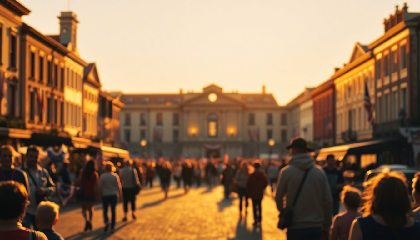 An abstract, out-of-focus photograph depicting the warm, hazy atmosphere of a historic town square filled with the silhouettes of people gathered for a patriotic celebration.