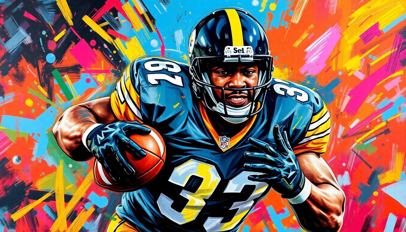 An abstract, energetic painting in neon colors depicting the explosive movements and tenacious playing style of a football linebacker, conveying the raw athleticism and competitive spirit of Joey Porter Sr. during his time with the Pittsburgh Steelers.
