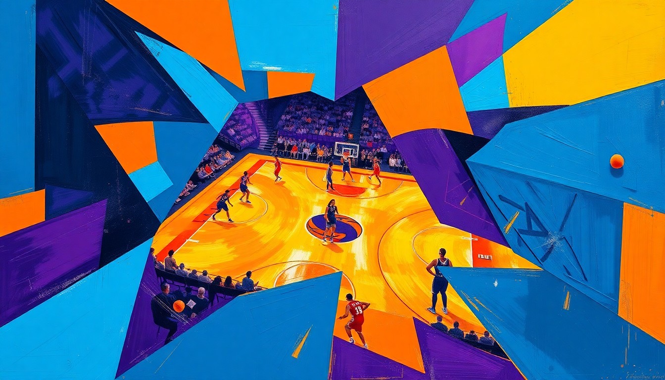 A fragmented, cubist-style painting depicting the dynamic movements and energy of a WNBA basketball game, with sharp geometric shapes and bold, vibrant colors.