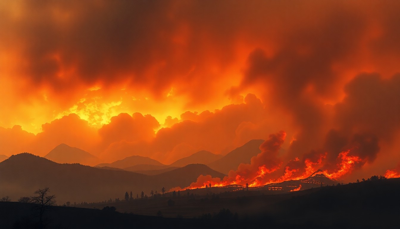 A sweeping, atmospheric landscape painting in muted tones of orange, grey, and black, depicting a distant wildfire raging across a vast, desolate expanse, with the charred silhouettes of trees and structures barely visible through the thick, billowing smoke.