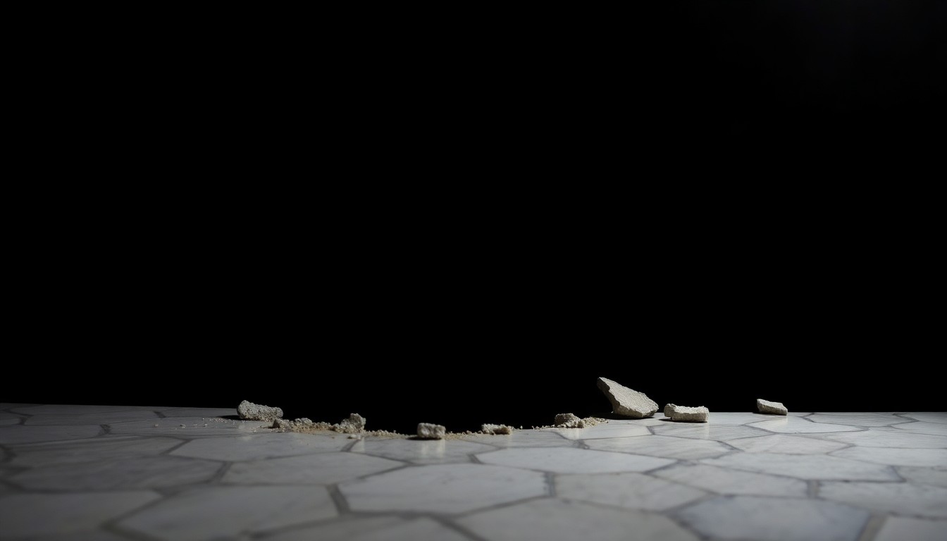 An extreme close-up photograph of a partially demolished kitchen countertop, the rough edges and exposed materials creating a sense of disruption and unfinished work.
