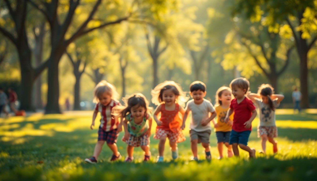 An abstract, out-of-focus photograph of children playing in a park, with warm, soft pools of light and color creating a sense of community and joy.