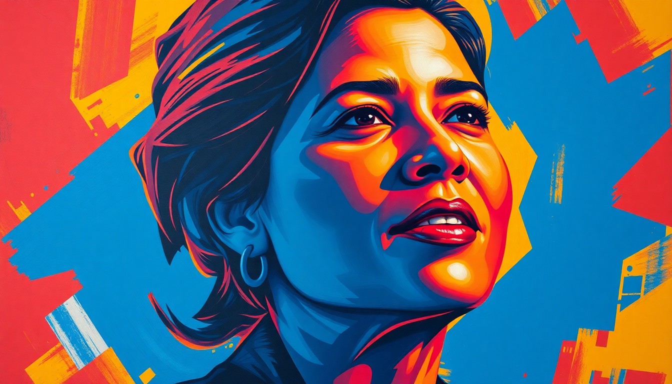 A dynamic, abstract painting composed of overlapping, geometric shapes in shades of blue, red, and yellow, conceptually representing the election of a new progressive Congresswoman.