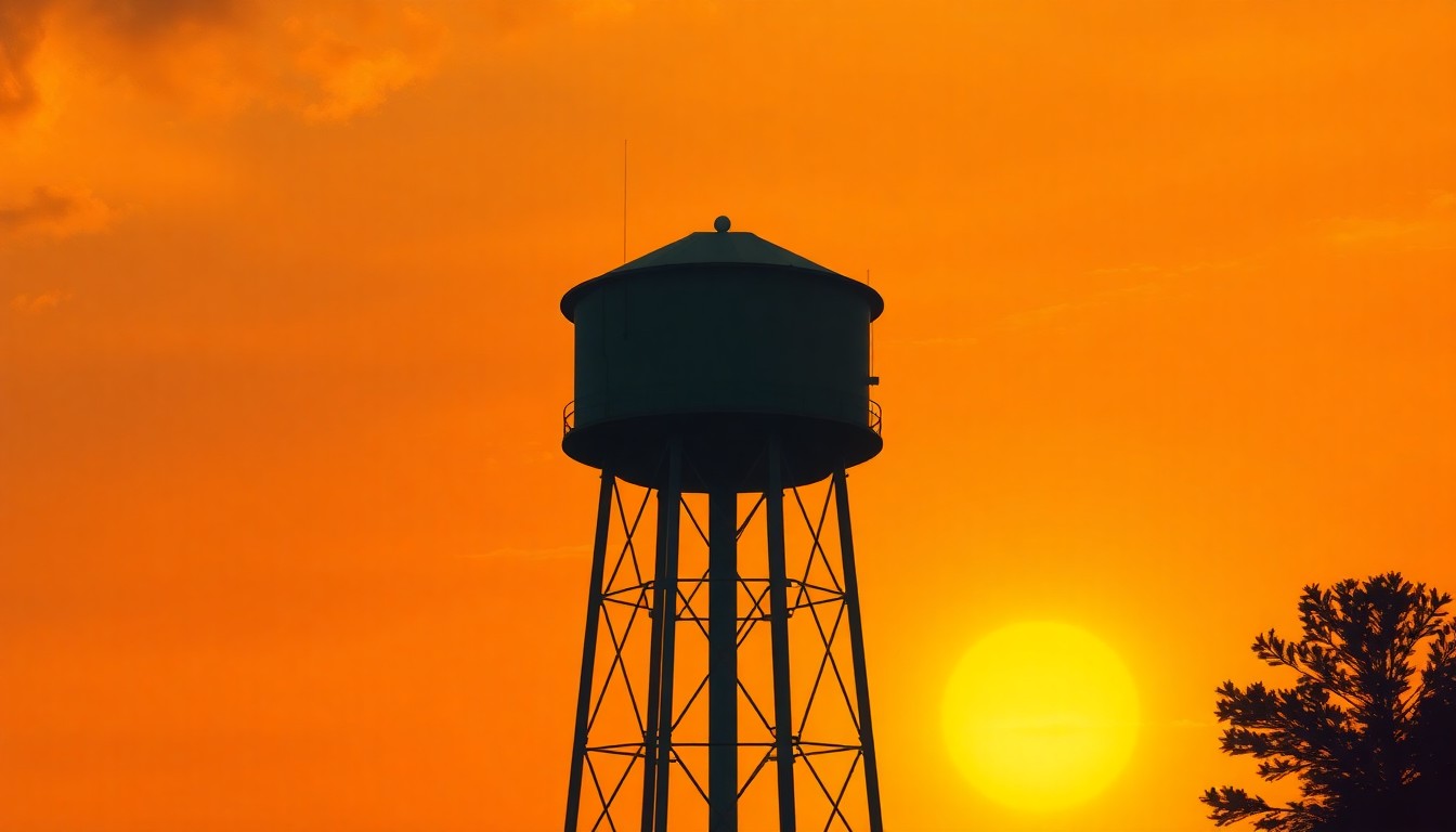 A cinematic painting of a lone water tower standing tall against a golden sunset sky, the structure bathed in warm, diagonal sunlight and deep shadows, conveying a sense of quiet contemplation and the challenges facing Kansas' water resources.