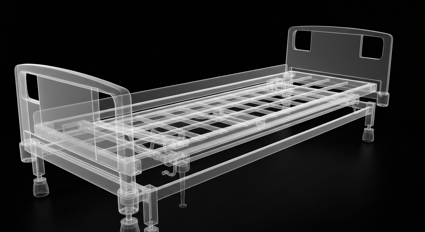 A ghostly, translucent X-ray image of a hospital bed frame, its internal structure visible as glowing lines against a dark background, conceptually representing the hospital's focus on advanced medical technology and facilities.