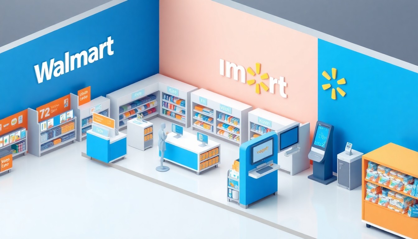 A clean, modern isometric 3D illustration depicting various sections of a remodeled Walmart store, including the pharmacy, vision center, and digital kiosks, showcasing the upgraded technology and services.