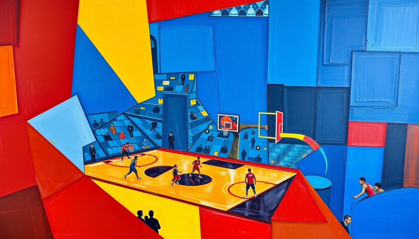 A cubist, geometric painting depicting a fragmented basketball game, with overlapping planes of royal blue, crimson red, and golden yellow, conceptually representing the NBA's nuanced approach to evaluating player performance.