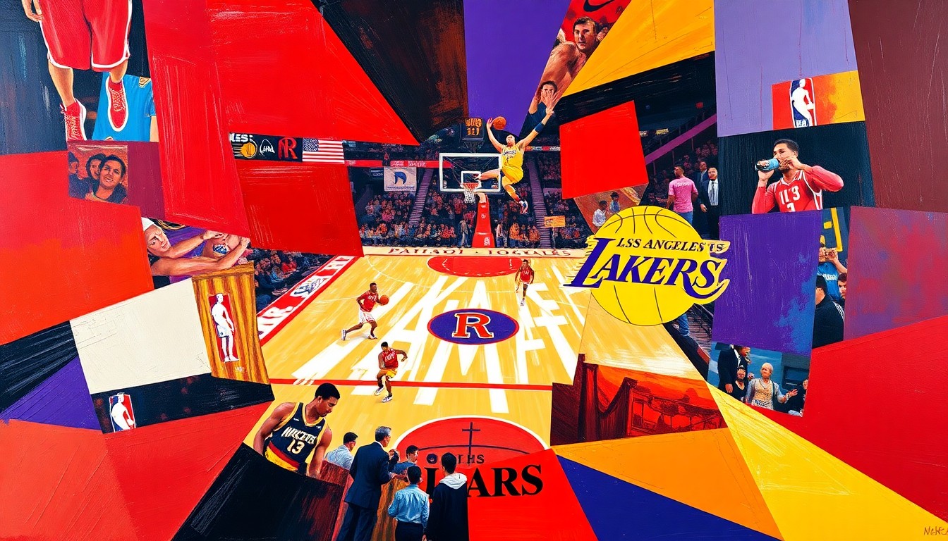 A cubist, geometric painting depicting a basketball game between the Houston Rockets and Los Angeles Lakers, with the players and court broken down into sharp, overlapping planes of color.