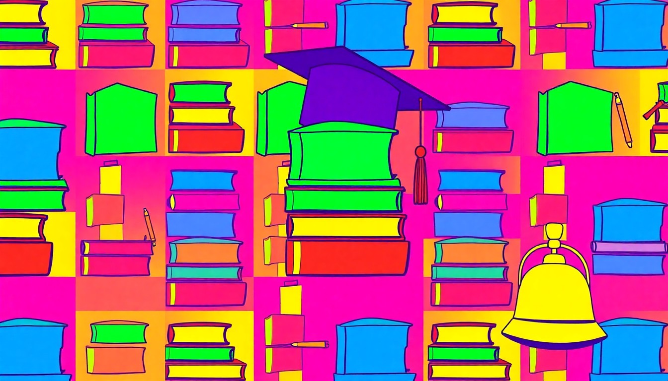 A vibrant, high-contrast silkscreen print featuring repeated images of a stack of textbooks, a graduation cap, and a school bell in a grid pattern, capturing the celebratory spirit of an education awards ceremony.