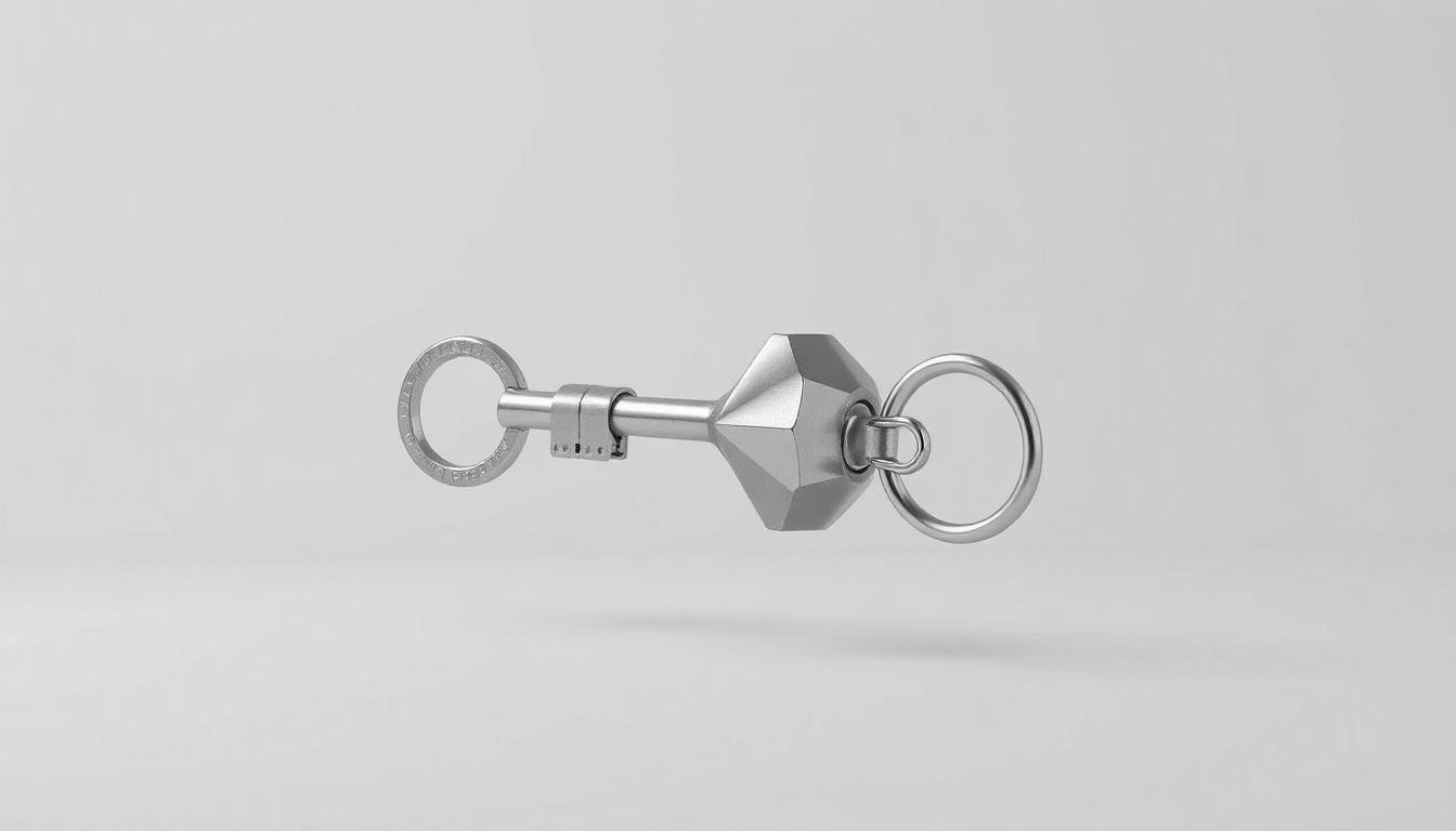 A minimalist, high-contrast studio photograph featuring a sleek, metallic key sculpture floating against a plain grey background, conveying the abstract concept of locked negotiations between two parties.