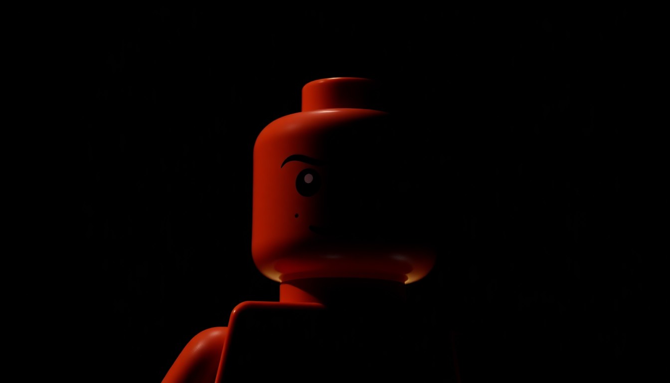 An extreme close-up photograph of a Lego minifigure part, such as a torso or head, lit by a harsh, direct camera flash against a pitch-black background, conceptually illustrating the theft of valuable Lego merchandise.