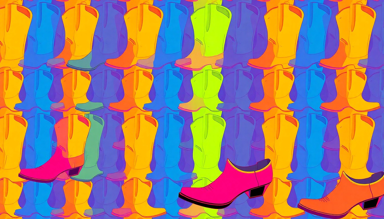 A high-contrast silkscreen print of a single cowboy boot repeated in a grid pattern, rendered in vibrant neon colors and heavy black outlines in the style of Andy Warhol's pop art, conceptually representing the fusion of Western heritage and refined wine tasting at Republic Wine Castle.