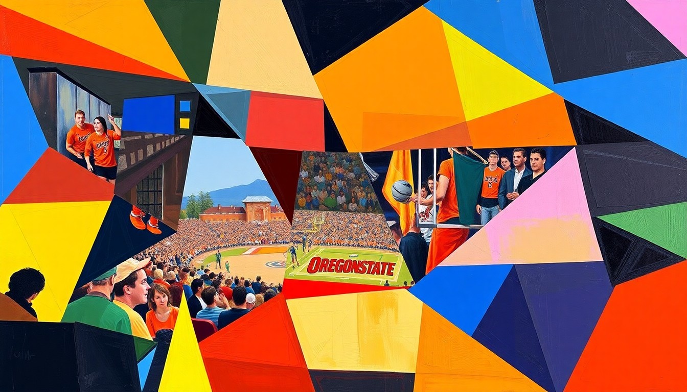 A fragmented, geometric painting in bold colors representing Oregon State's team colors, capturing the motion and intensity of a sports event or competition in an abstract, deconstructed style.