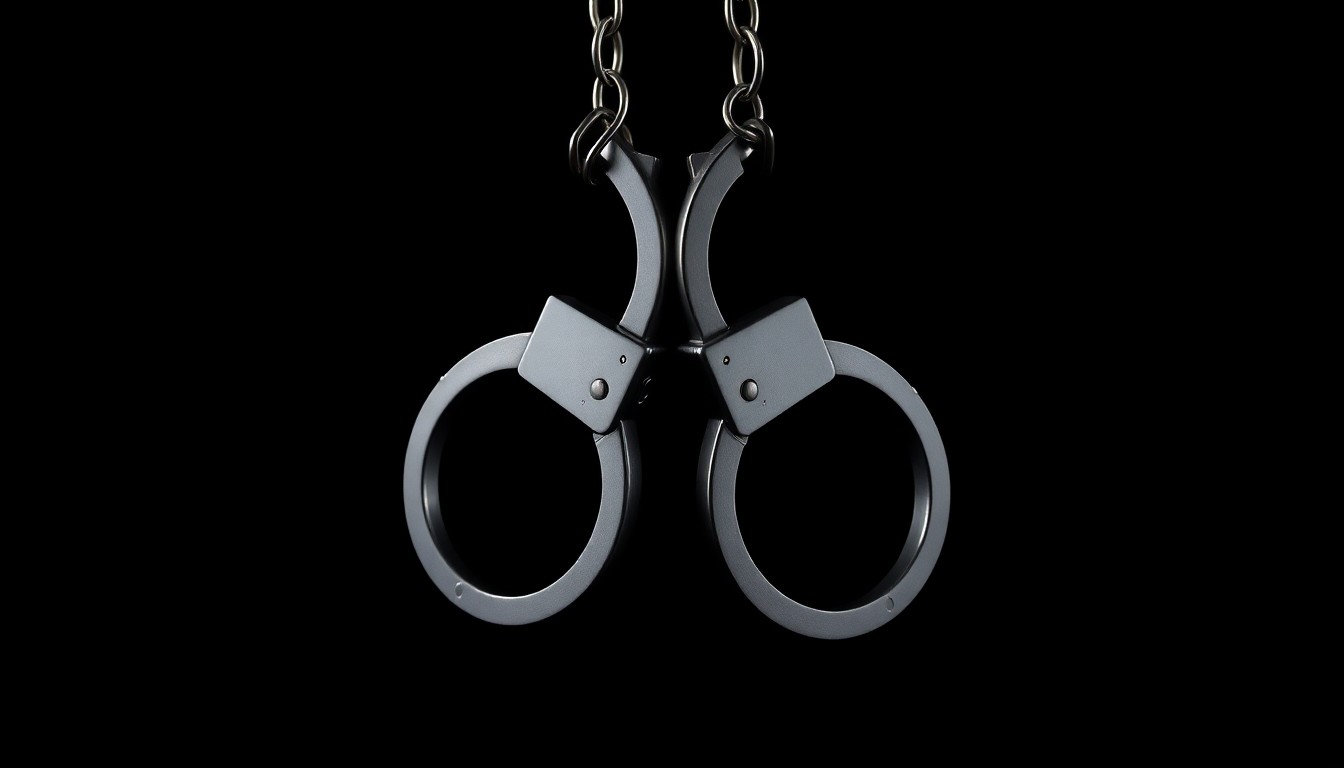 An extreme close-up photograph of a pair of metal handcuffs against a completely black background, the harsh flash creating dramatic shadows and highlights that convey a sense of gritty, investigative urgency.