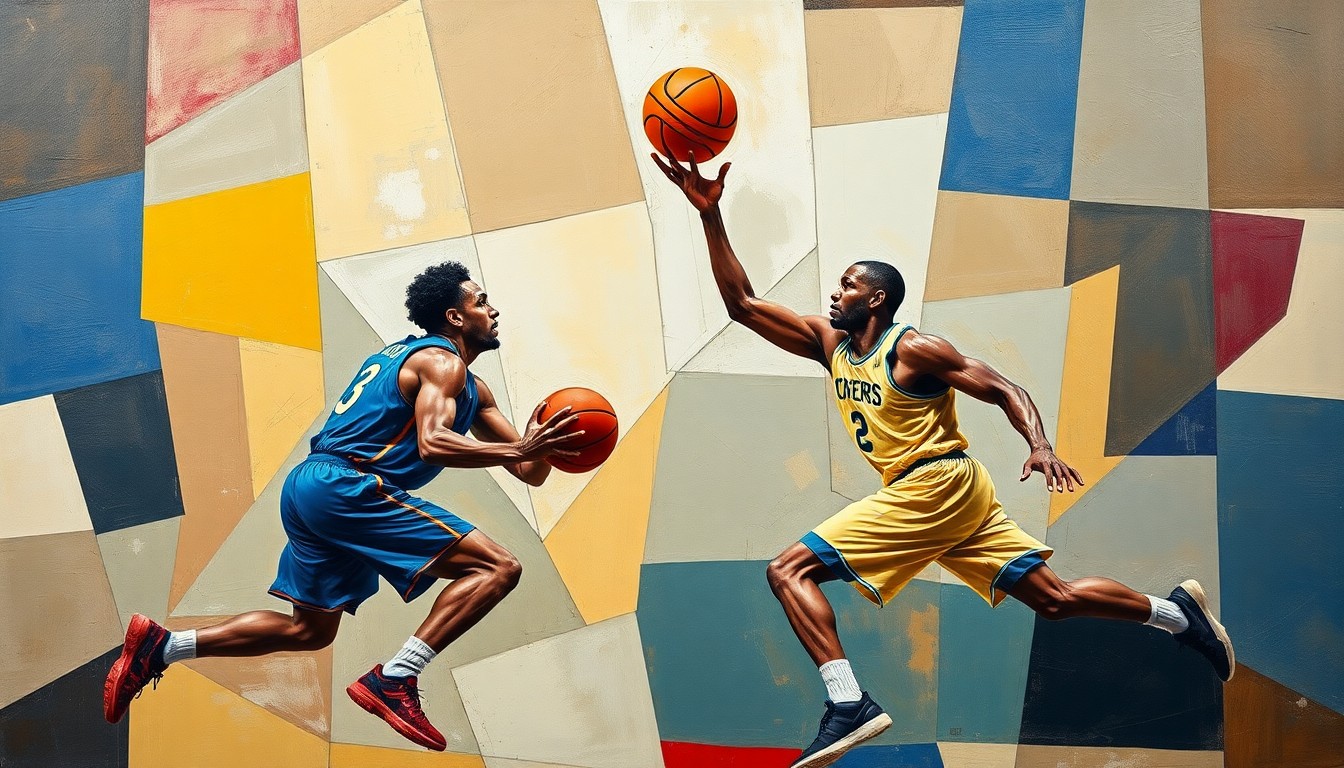 A cubist, geometric painting depicting the dynamic motion and energy of a basketball game, with the players' figures broken down into abstract shapes and forms.