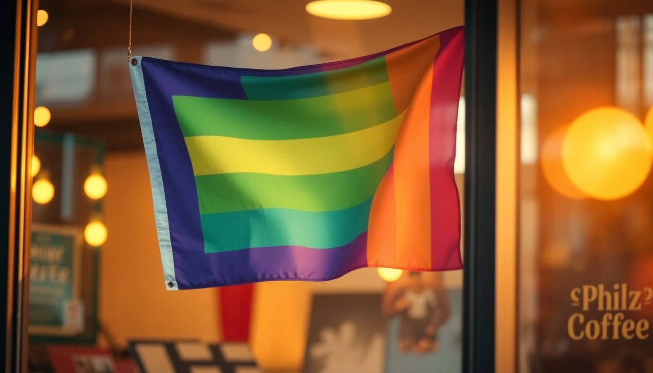 An abstract, out-of-focus photograph showing the blurred outline of a Pride flag hanging in a Philz Coffee shop window, with warm, hazy pools of light and color creating a dreamlike, atmospheric scene.