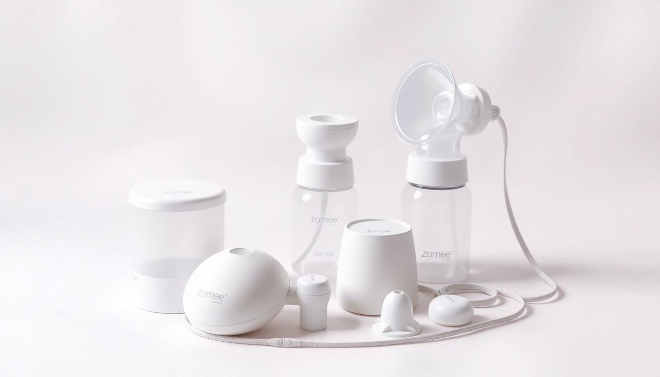 A high-end, photorealistic studio still-life photograph featuring a Zomee breast pump and accessories arranged elegantly on a clean, white seamless background, conceptually representing the brand's commitment to quality, innovation, and trust.