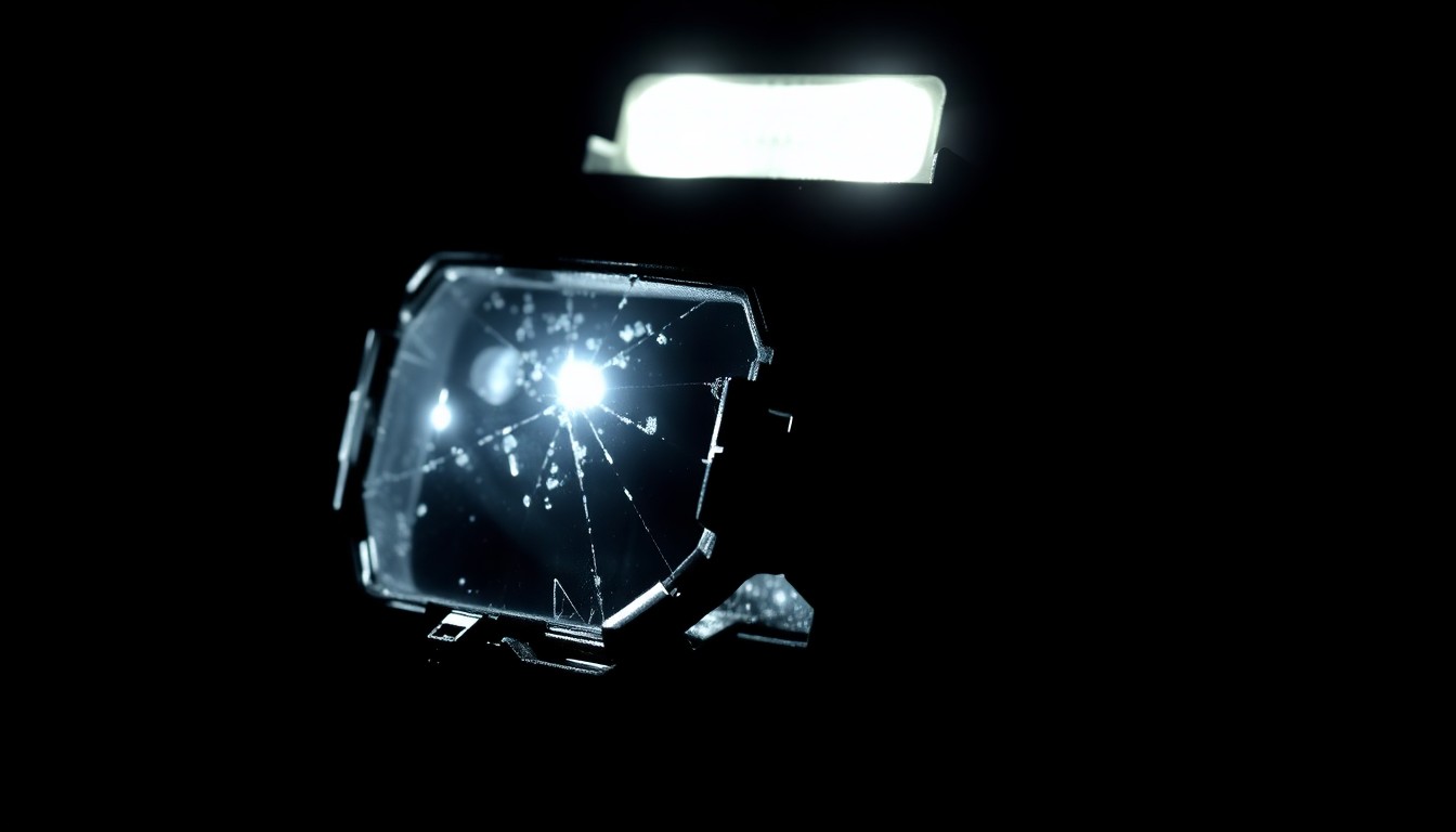 An extreme close-up of a shattered police radio or body camera lens, reflecting a harsh, direct flash of light, conceptually illustrating the chaos and lack of transparency surrounding a fatal police shooting incident.