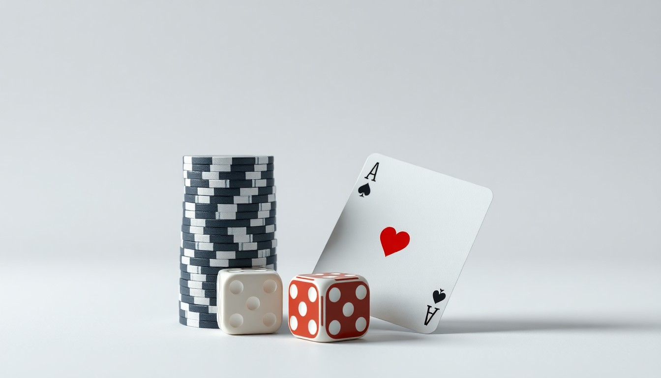 A high-end, photorealistic studio still-life photograph featuring a stack of casino chips, a pair of dice, and a playing card arranged elegantly on a clean, monochromatic background, conceptually representing the abstract concepts of corporate strategy, finance, and risk in the gambling industry.