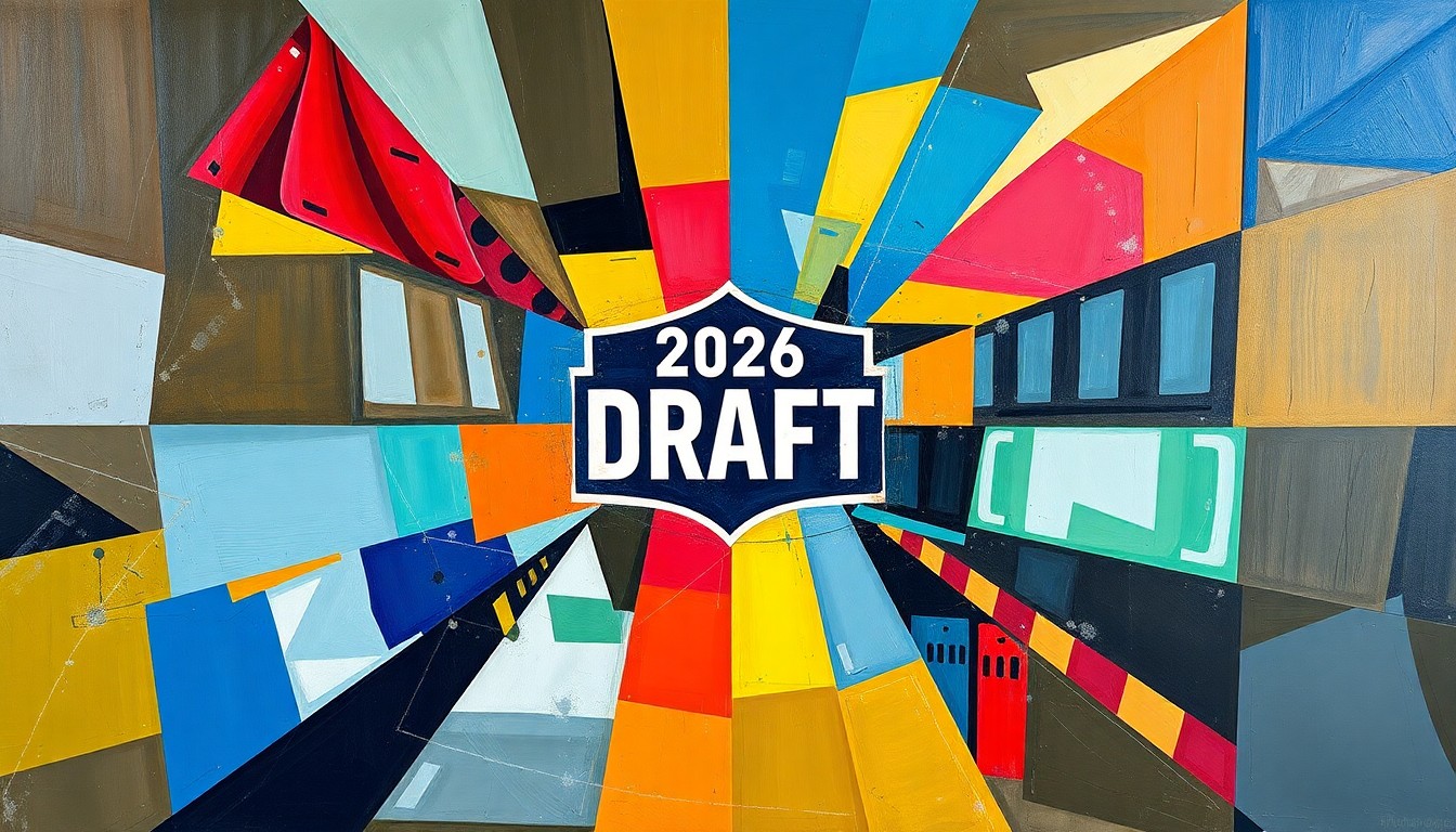 A cubist, geometric illustration depicting the 2026 NFL Draft process, with overlapping planes and shapes representing the unpredictable trade landscape.