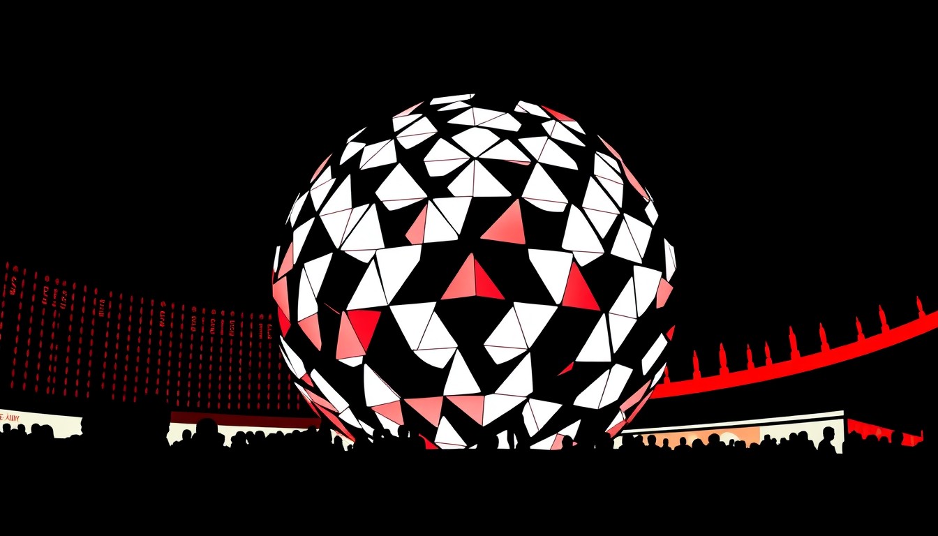 A striking abstract composition of jagged geometric shapes in bold red and white, conceptually representing the spherical architecture and programmable LED lights of the Las Vegas Sphere venue.