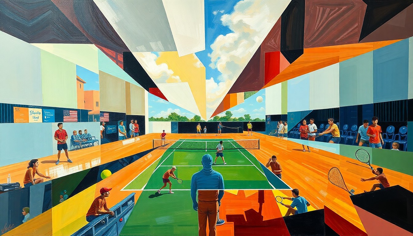 A cubist-style painting depicting the dynamic movements and competitive energy of a high school tennis tournament, with overlapping geometric shapes and planes in vibrant colors representing the sport's intensity.