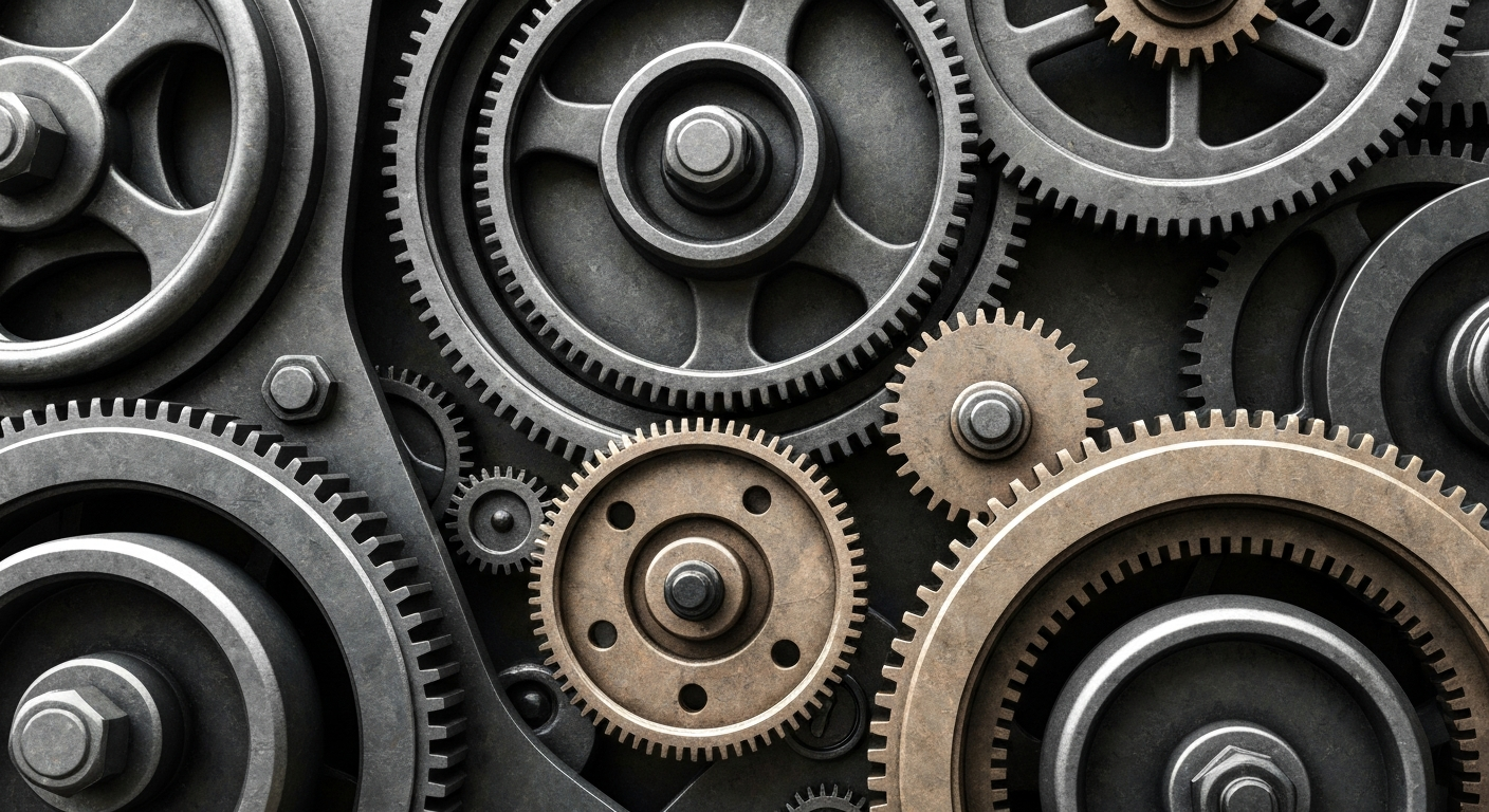 An extreme close-up of complex, interlocking industrial machinery in shades of steel grey, bronze, and black, conveying a sense of institutional financial power and security without using literal currency or charts.