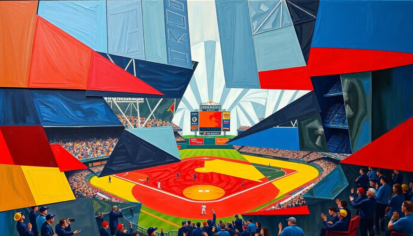 A cubist, geometric painting depicting a fragmented, multi-angled view of a baseball stadium, with sharp planes of navy, crimson, and gold representing the energy and excitement of the sport.