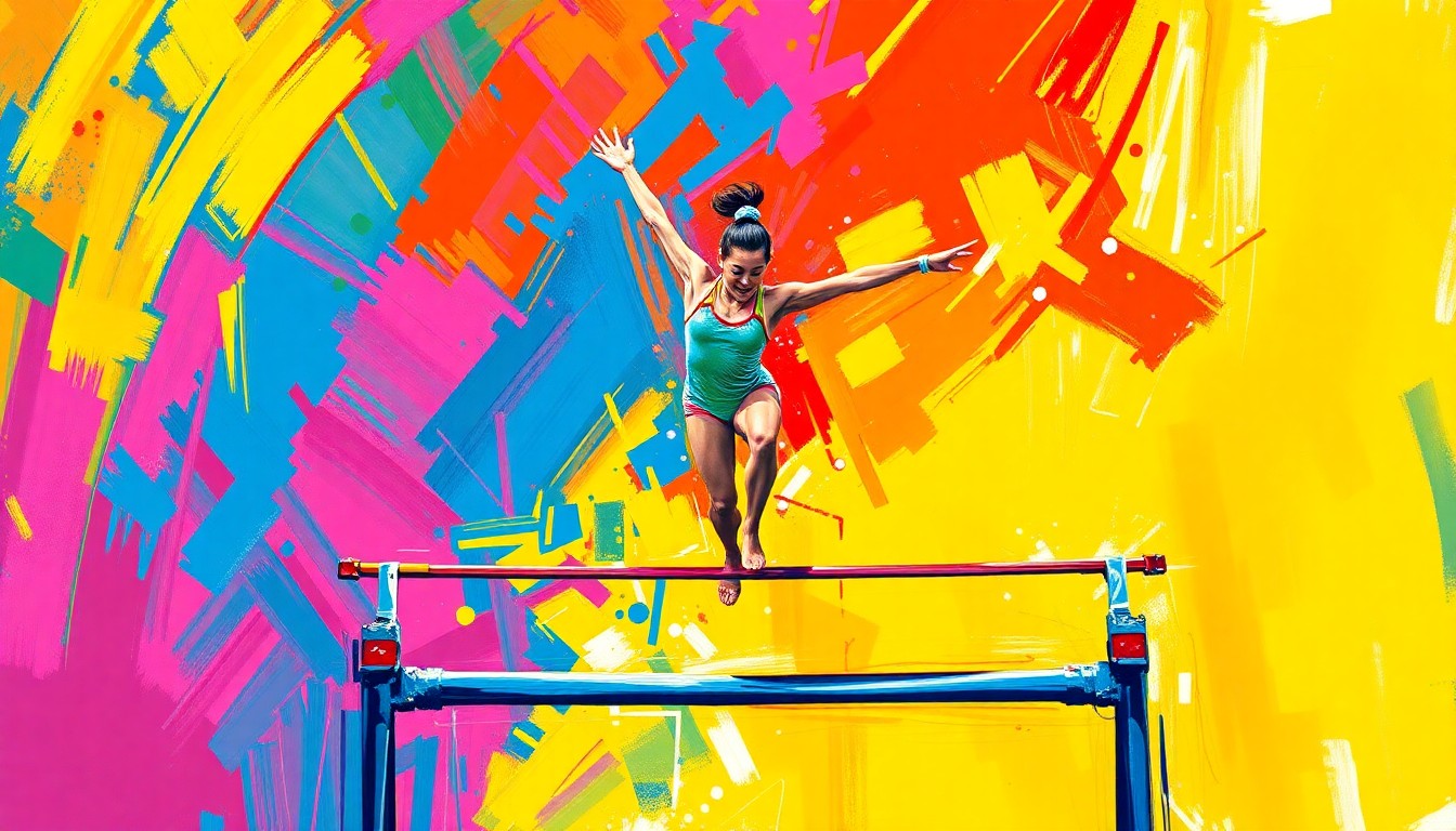 An abstract, expressionist painting in vibrant neon colors depicting the fluid, dynamic movements of a gymnast performing on the uneven bars.