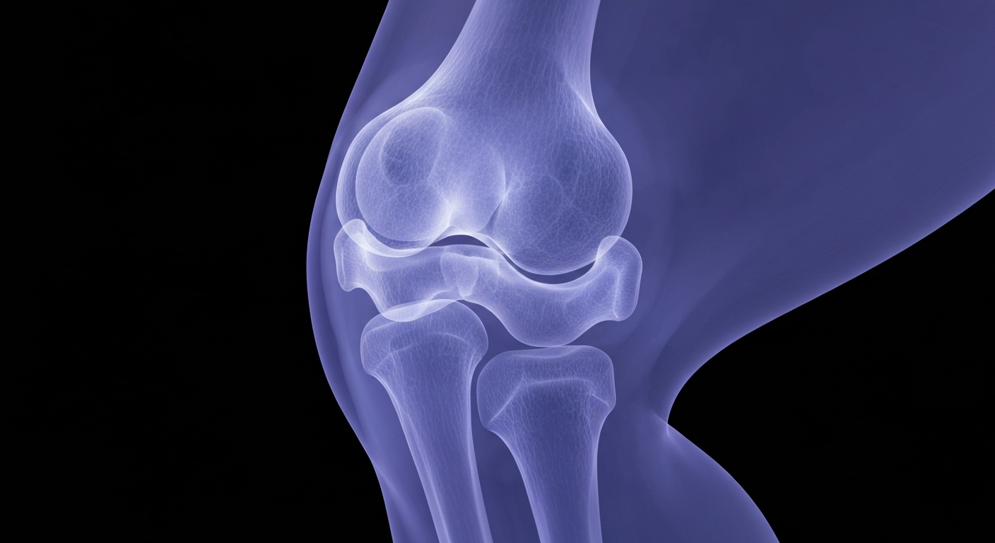 A ghostly, translucent X-ray photograph of a human knee joint, with the bones and surrounding muscle tissue glowing in shades of blue and purple, conceptually illustrating the internal effects of ultraprocessed foods on joint health.