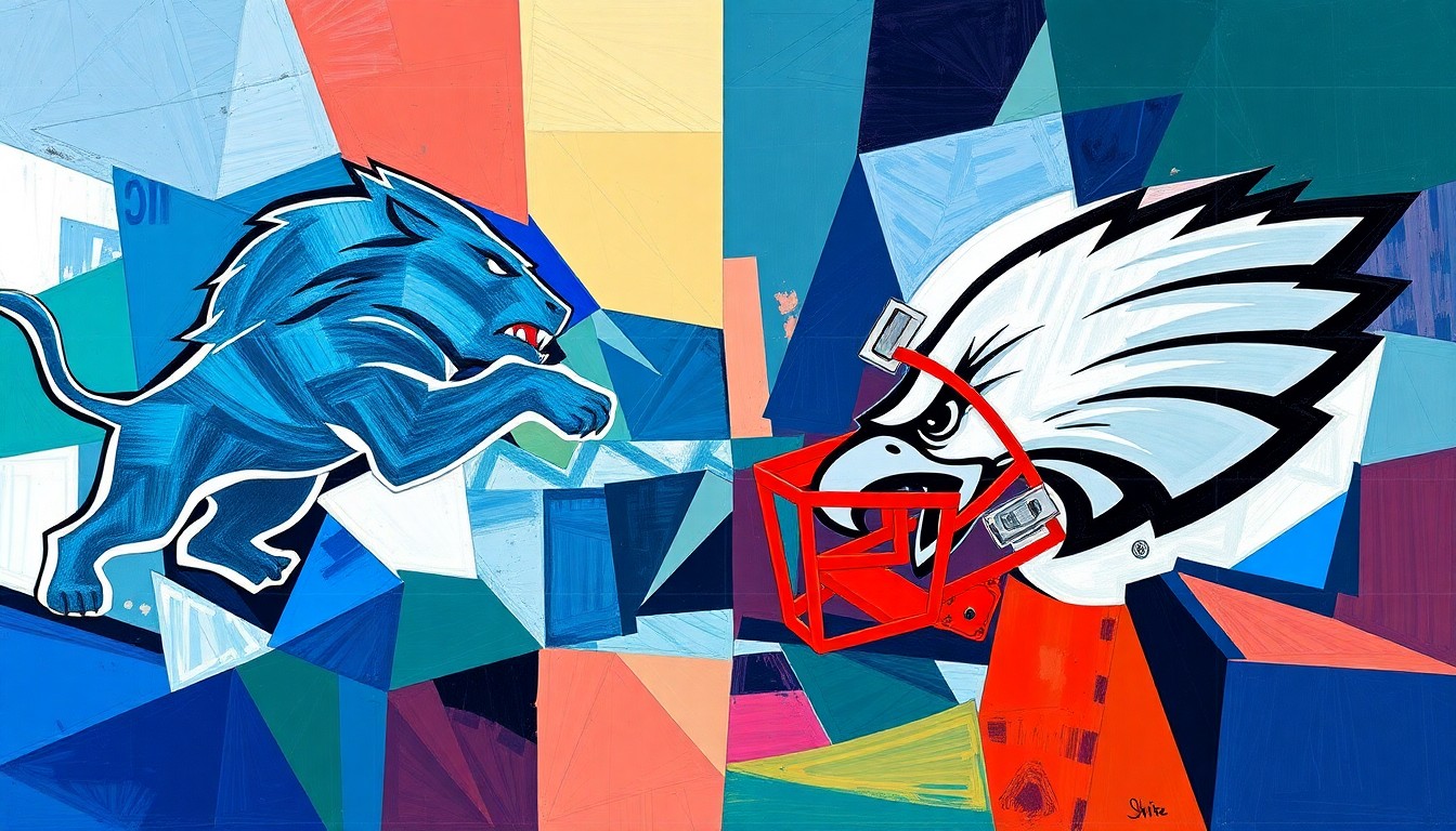 A fractured, cubist-style painting featuring overlapping geometric shapes and planes in the official team colors of the Detroit Lions and Philadelphia Eagles, representing the potential impact of a trade involving star wide receiver AJ Brown.