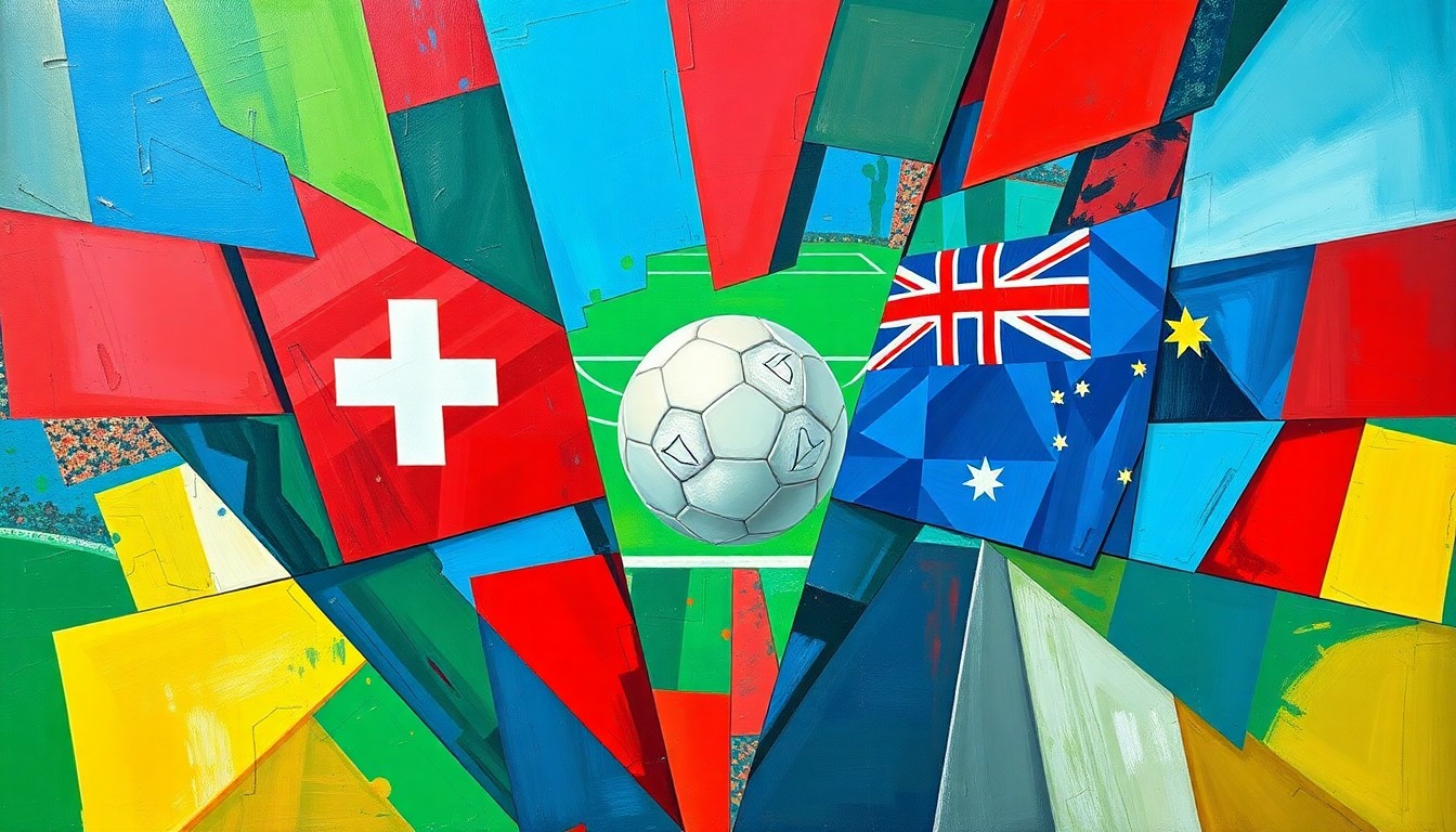 A fragmented, cubist-style painting depicting a soccer match, with players and the field broken down into sharp, overlapping geometric shapes in vibrant colors like blue, green, and red.