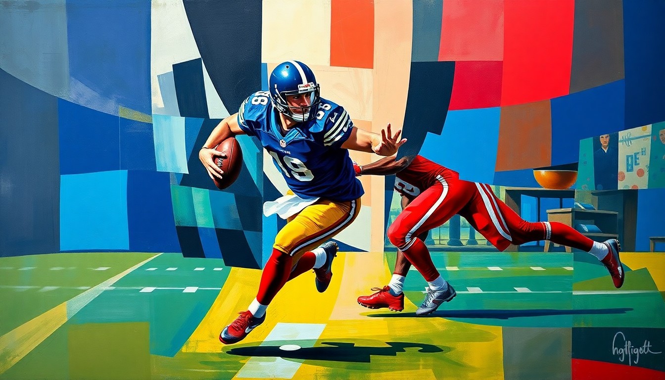 A cubist-style painting depicting a football player rushing the quarterback, with sharp, overlapping geometric shapes in navy blue, royal blue, and red, conveying the fractured nature of the Bills' pass rush.