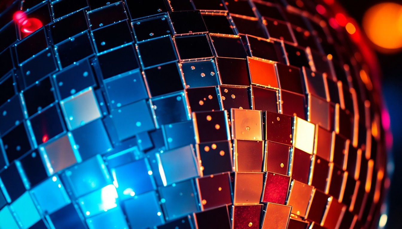 An extreme close-up of shattered disco ball fragments reflecting bright, colorful lights, capturing the energy and glamour of the New York nightclub scene.