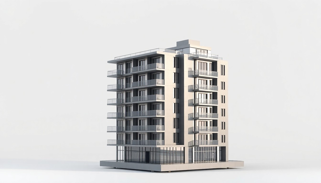 A photorealistic studio still-life photograph of a polished, geometric model of a modern apartment building made from brushed aluminum, chrome, and glass, floating on a clean white background and dramatically lit from the side to highlight the sleek, premium materials.