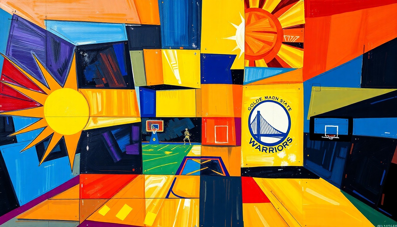 A fragmented, geometric painting in bold colors representing a basketball game between two teams, with no identifiable players or logos, only the dynamic energy of the competition.