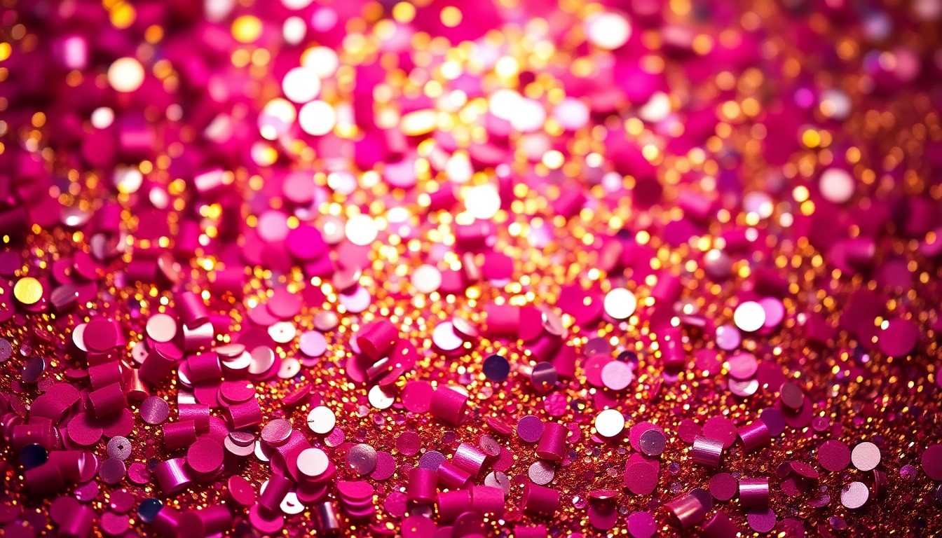 An abstract close-up photograph featuring a dazzling array of shimmering sequins and glittering confetti in vibrant shades of pink, purple, and gold, evoking a sense of celebratory energy and creative expression.