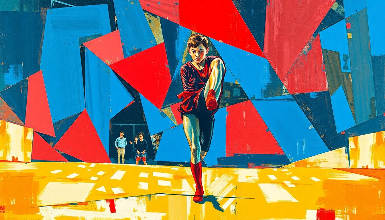 A fractured, cubist-style painting depicting the overlapping movements and perspectives of a gymnast performing on the uneven bars, with sharp geometric shapes in vibrant blue, red, and yellow hues.
