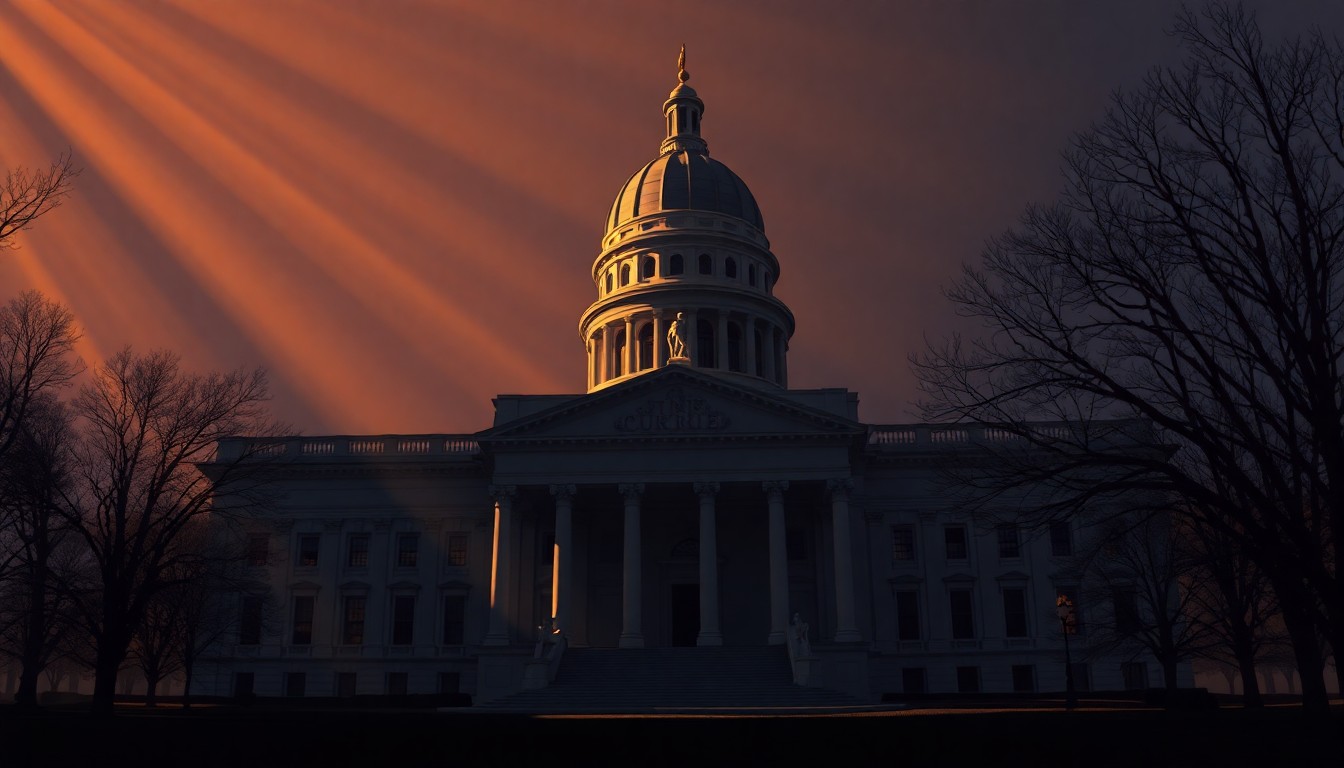A cinematic painting of the Illinois State Capitol building in warm tones, with the structure bathed in diagonal sunlight and deep shadows, conceptually representing the historic and solemn nature of Currie's political career.