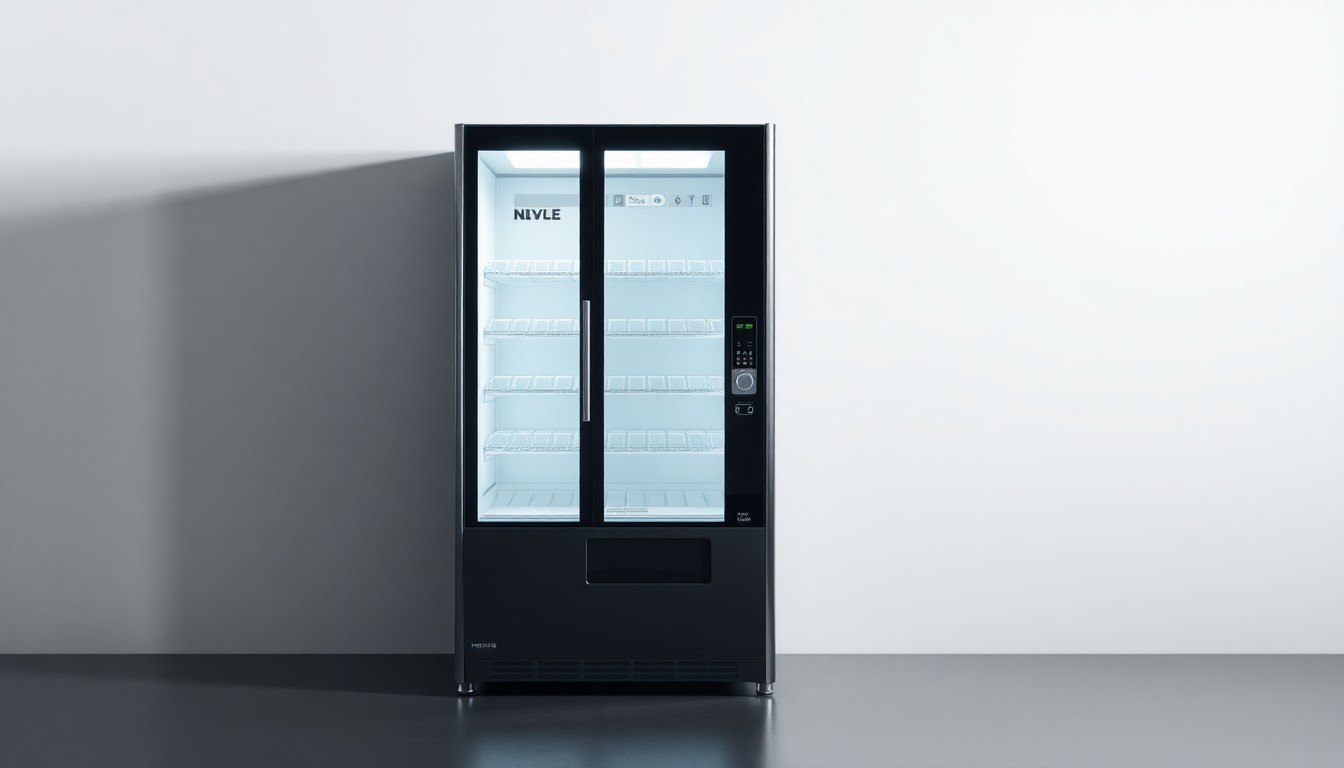 A photorealistic studio still-life photograph of a sleek, modern AI-powered vending machine or smart cooler made of polished metal and glass, set against a clean, monochromatic background and illuminated by dramatic studio lighting to highlight the premium materials and minimalist design.
