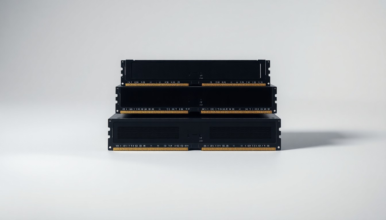 A photorealistic studio still life featuring a stack of premium computer memory and storage devices arranged elegantly on a clean, monochromatic background, conceptually representing the wealth and corporate strategy of a tech billionaire couple.