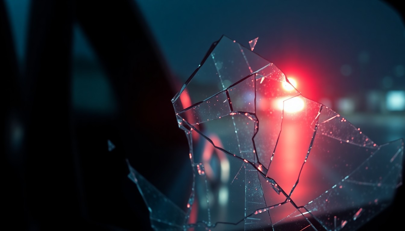 An extreme close-up photograph of a shattered car mirror lens reflecting a faint red light, conceptually illustrating the aftermath of a hit-and-run crash.