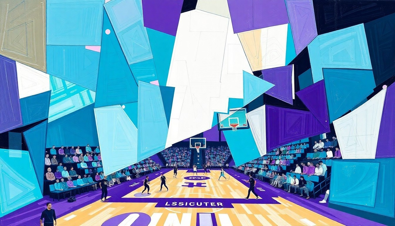 A fragmented, geometric painting in vibrant teal, purple, and white, depicting the action and movement of a Hornets basketball game in an abstract, cubist style.