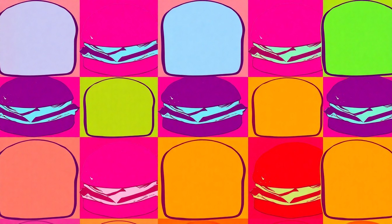 A brightly colored, high-contrast silkscreen print of a single, iconic Better Half sandwich item repeated in a tight grid pattern, capturing the vibrant and inclusive spirit of the business.