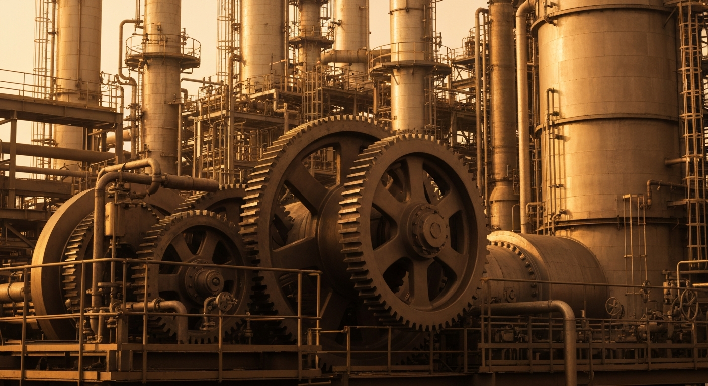 A close-up, cinematic shot of the intricate gears and machinery of a large industrial chemical plant, bathed in a warm, amber-toned light, conceptually representing the complex financial and industrial forces shaping the global economy.